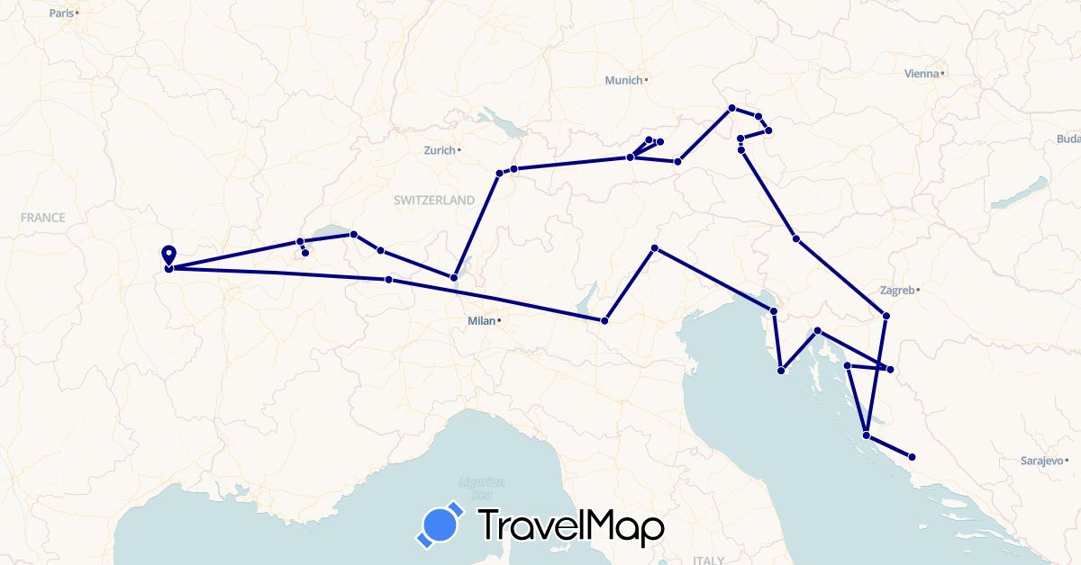 TravelMap itinerary: driving in Austria, Switzerland, France, Croatia, Italy, Liechtenstein, Slovenia (Europe)